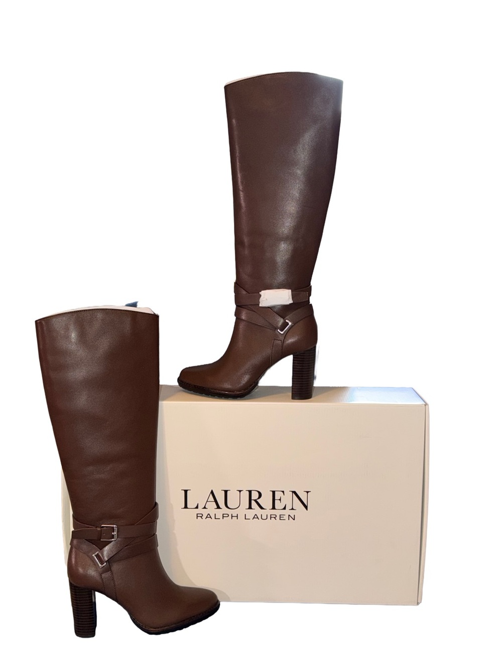 NWT Lauren Ralph Lauren Collins Calfskin Tall Boot Heel Lauren Brown, Size 7.5 - Picture 2 of 12